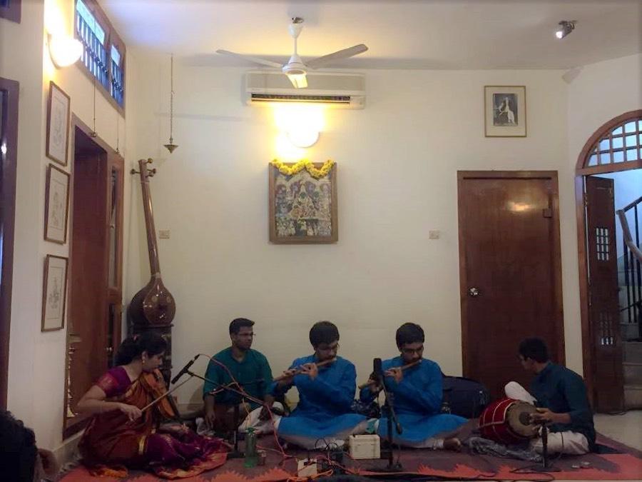 Youngsters from Bangalore Heramba, Hemantha (Flute duet), Apoorva Krishna (Violin), Akshay Anand (Mridangam) along with Sunil Kumar (Kanjari) performing at Musiri house attending the chamber concerts