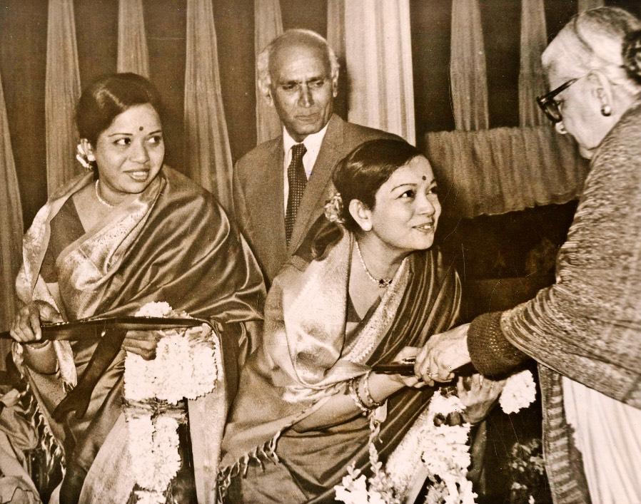 Vid. Radha and Vid. Jayalakshmi are seen receiving the Sangeet Natak Academy Award for 1981 from the Chairperson of the Academy, Smt.