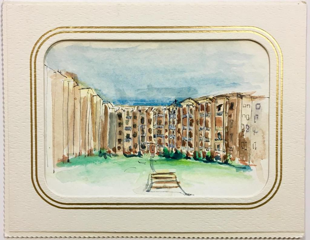 Watercolor of Hillcrest Apartments 2- [Salt Lake City]. "The Hillcrest Apartments - C. & J's is in the right hand corner". [Salt Lake City?]: (c.1980).