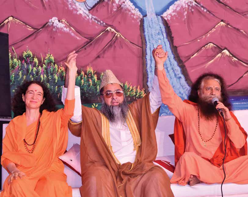 1 2 3 4 5 6 Imam Umer Ahmed Ilyasi, President of All India Imam Organisation, pledges with Pujya Swamiji and Sadhvi Bhagawatiji during a month-long Green Shri Ram Katha, dedicated to raising