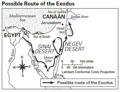 12. Which of these conclusions does the map support about the Jewish people s trip from Egypt to Canaan? A. It was largely by boat. B. It followed a direct route. C. It cost many people their lives.