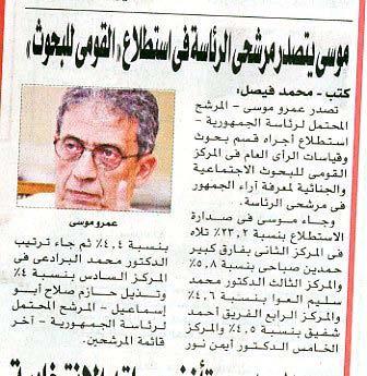 Page: 1 Author: Mohamed Faisal Research Centre Poll Reveals Moussa Has Highest Votes The National Centre for Social and Criminological Research conducted a poll to estimate the levels of support for