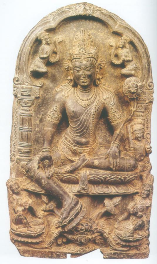 Avalokiteshvara Accession number: 10513 Period: 9th-10th century CE, Pala Location: Archaeological Site Museum, Nalanda Description: Seated in the lalitasana, attitude on the pericarp of a fully