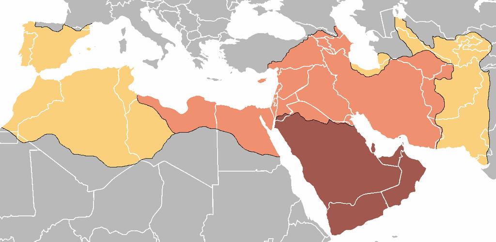 Area in peach conquered by the first 4 caliphs; areas in yellow conquered by the Umayyads Umayyad Caliphate The Umayyad caliphs expanded the Islamic territory into most of the lands that Alexander
