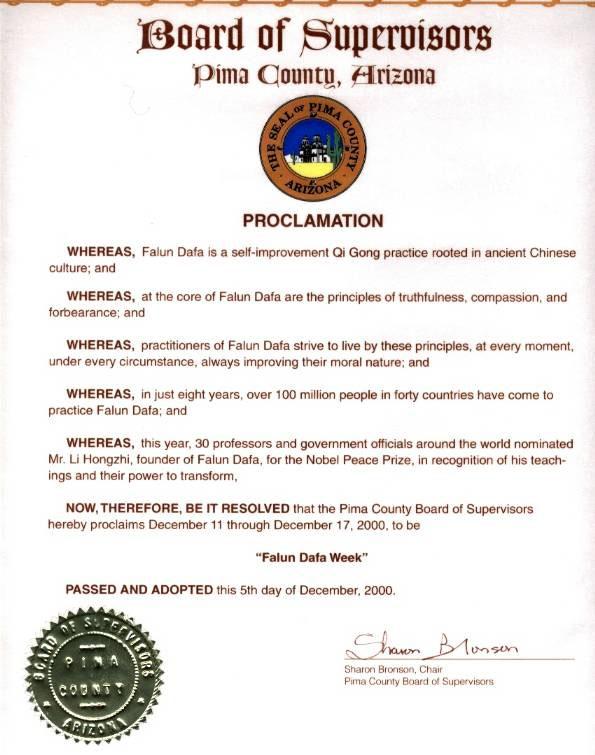 The Pima County Board of Supervisors Proclaims