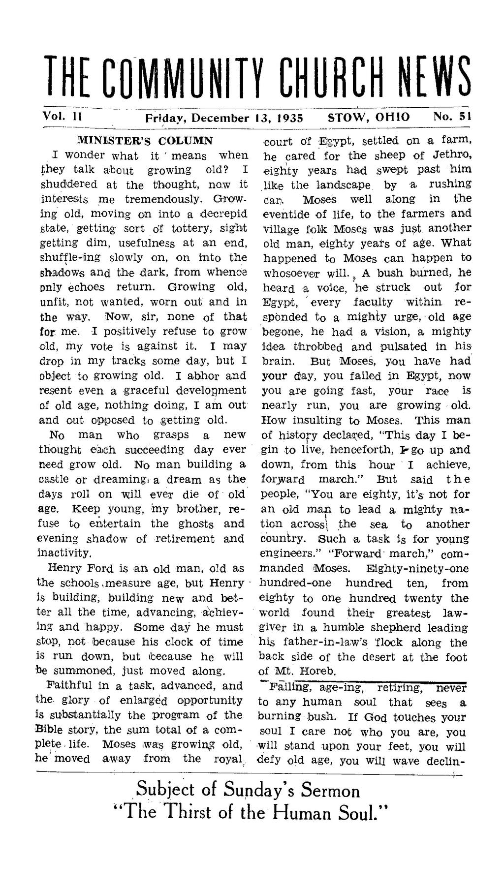 THE COMMUNTy CHURCH NEWS Vol. Friday, December 13, 1935 STOW, OHO No.