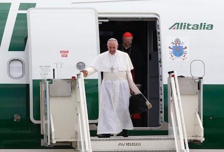 I don t like travelling, but papal visits encourage seeds of hope, says Pope January 10 Pope Francis steps off a plane.