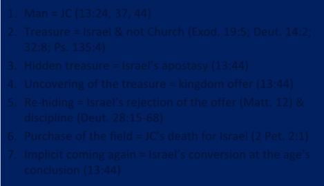 Re hiding = Israel s rejection of the offer (Matt. 12) & discipline (Deut. 28:15 68) 6. Purchase of the field = JC s death for Israel (2 Pet. 2:1) 7.