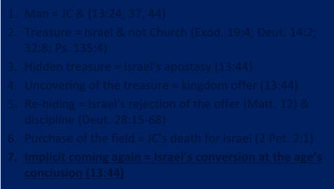 Why The Earthen Treasure Parable Does Teach That Israel Will Remain in Unbelief & Only Converted at the Age s Conclusion 1. Man = JC & (13:24, 37, 44) 2. Treasure = Israel & not Church (Exod.