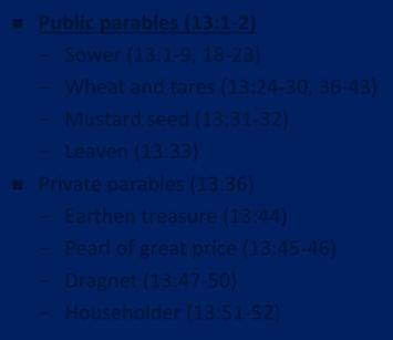 Public parables (13:1 2) - Sower (13:1 9, 18 23) - Wheat and tares (13:24 30, 36 43) - Mustard seed