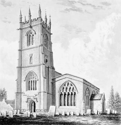 The tower seen from the south west, about 1840. Watercolour by George Clarke of Scaldwell, reprinted in Alfred Beesley's extra illustrated copy of his History of Banbury, vol. 6, page 124.