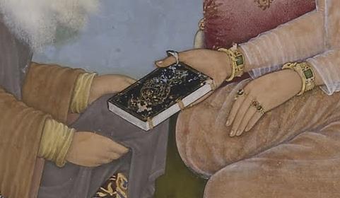 Shaikh's bare hands and the bejeweled hands of Jahangir (detail), Bichtir, Jahangir Preferring a Sufi Shaikh to Kingsfrom the "St.