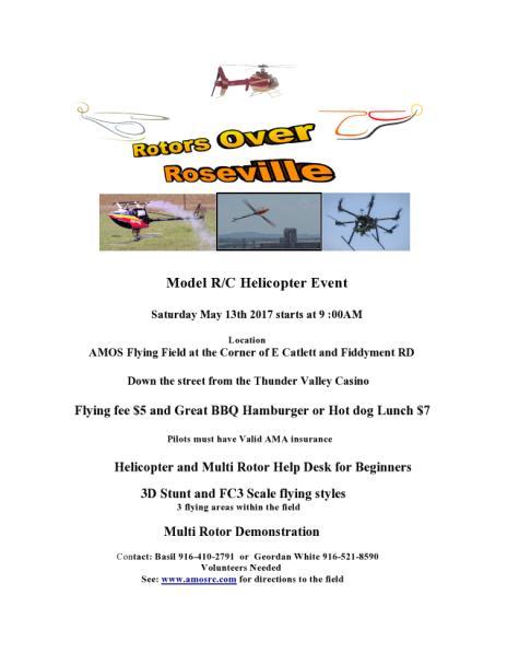 AMOS 2017 Events April 15th, Saturday, RC Country Swap Meet- AMOS Volanteers May 13th, Saturday, Helicopter Fun Fly, Basil Yousif & Geordan White May 17th-21st, Wed - Sun, Float Fly Camp Far West,