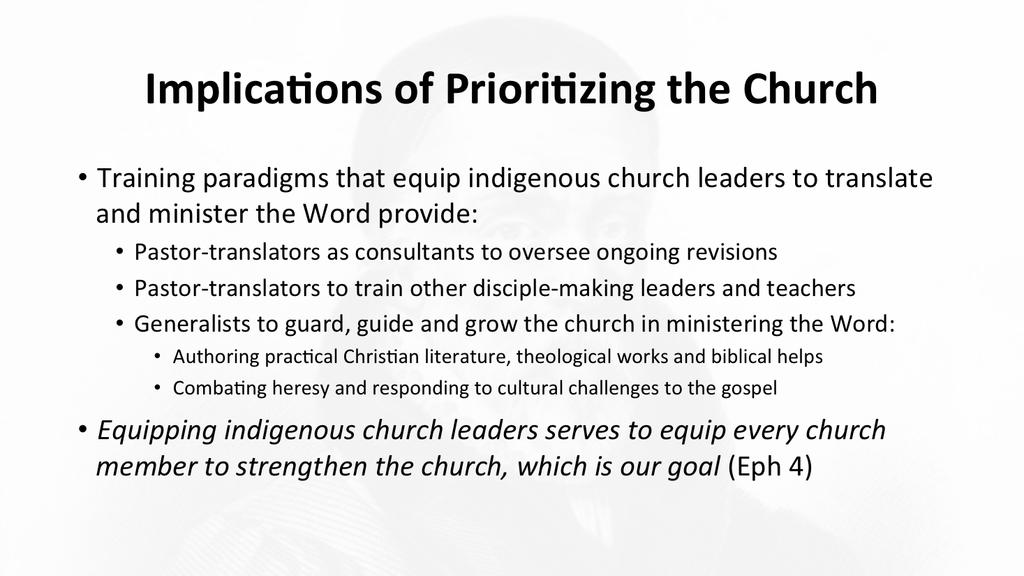 Our BT philosophy is integrated into how the theory and prac8ce of BT is complementary to or at odds with the church and its Great Commission mission.