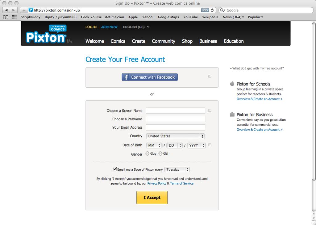 Step #1: Open Safari and go to pixton.com Once there, click on Join Now (in the red box above.