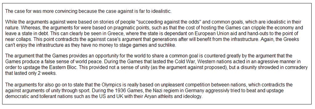 The following is a high-scoring answer to Question 11, evaluating arguments about the Olympic Games.
