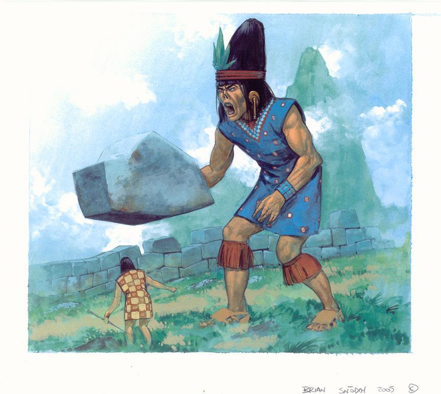 This drawing features a giant in Inca style clothing circa 1500 AD. The giant is levitating a boulder using the sound of his voice.