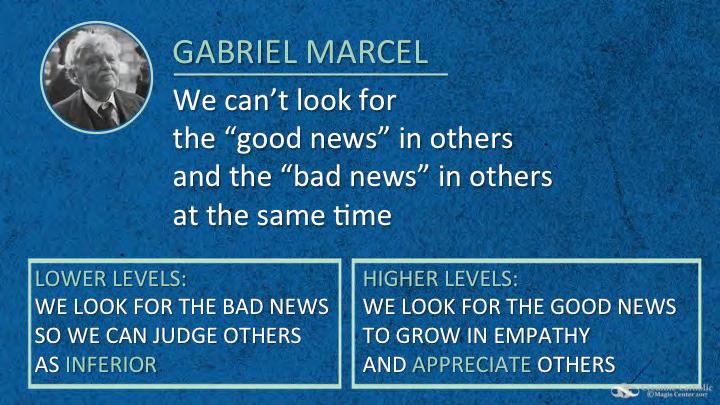 SLIDE 51 Question 2: What Am I Looking for in Others? The great French philosopher, Gabriel Marcel, realized that we can t look for the good-news in others and the bad-news in others at the same time.