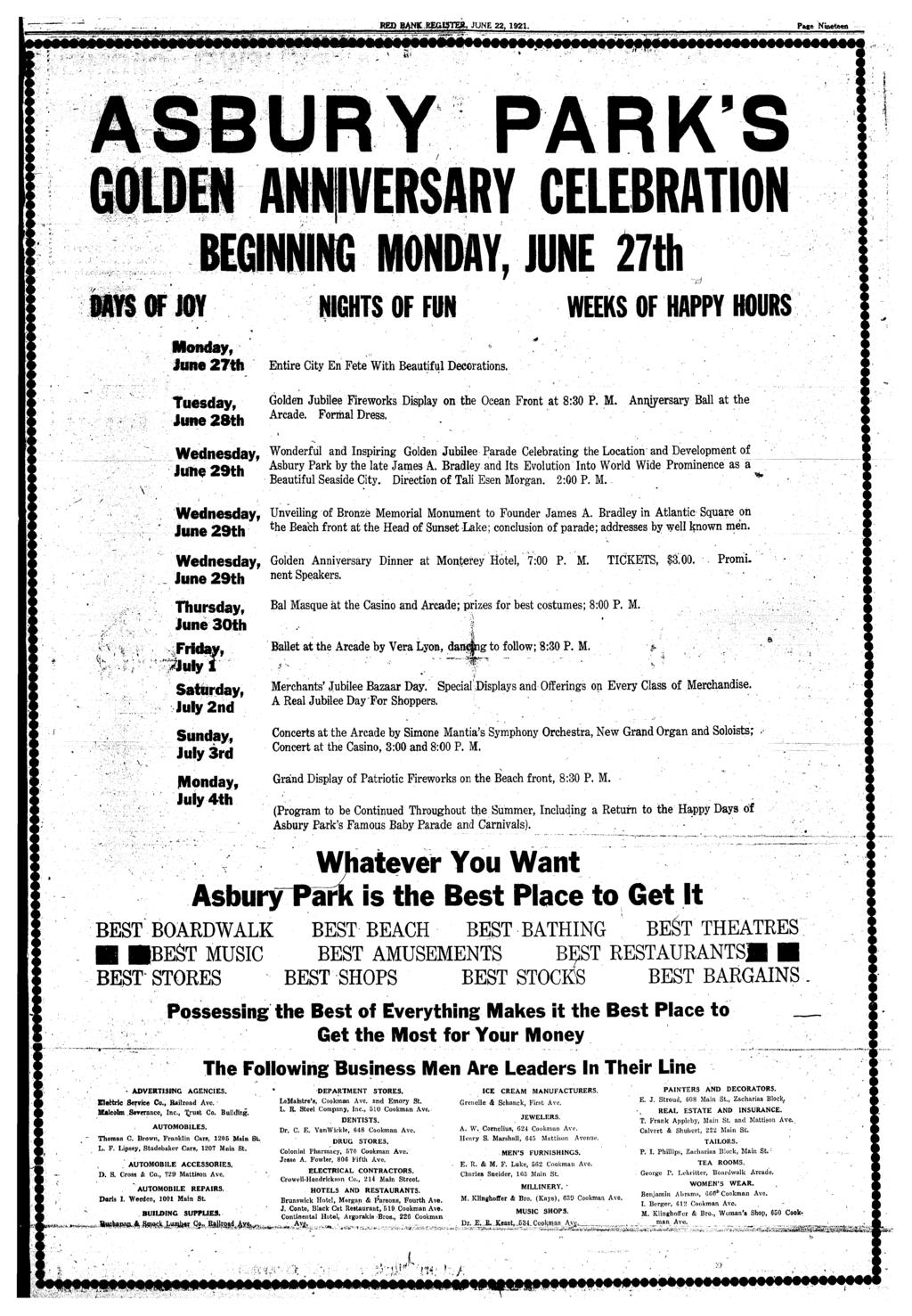 RED BANK JUNE 22, 1921. Page Nneeen # # ASBURY PARKS CELEBRATON JUNE 27h DAYS OF JOY NGHTS OF FUN WEEKS OF HAPPY HOURS Monday, June 27h Enre Cy En Fee Wh Beauful Decoraons.