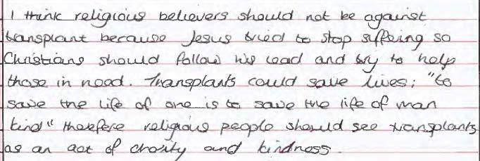 03 Religious believers should not be against transplant surgery. What do you think? Explain your opinion. [3 marks] AO1 Several simple and relevant points, some of which are developed.