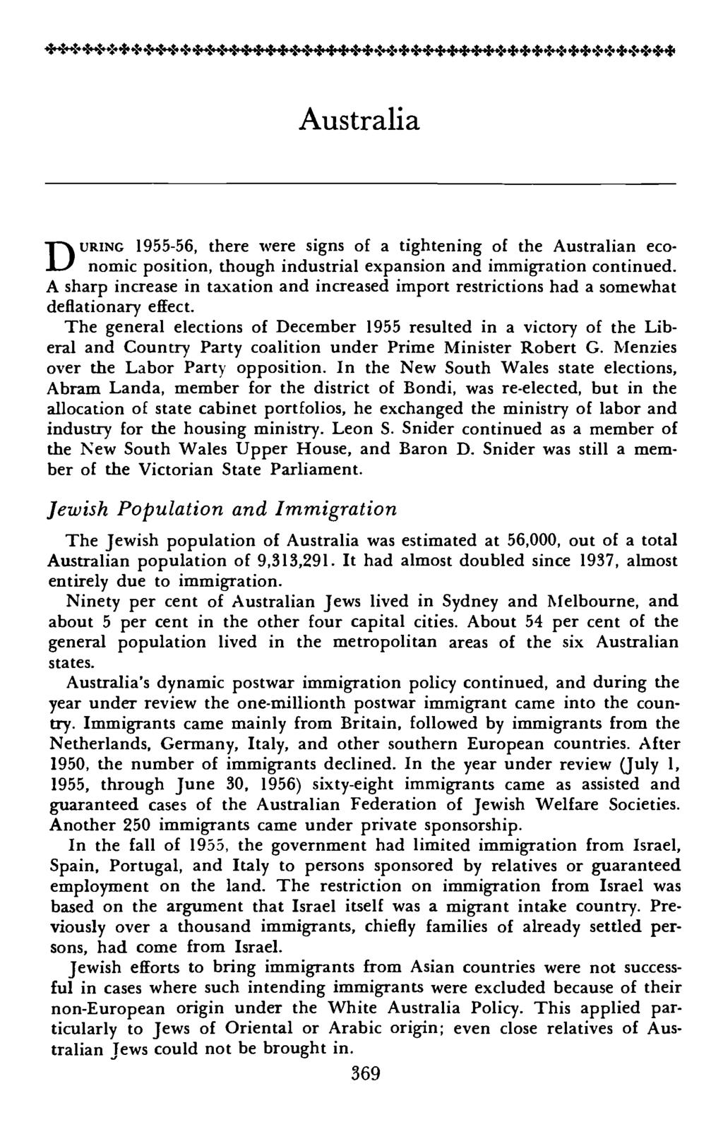 Australia DURING 1955-56, there were signs of a tightening of the Australian economic position, though industrial expansion and immigration continued.