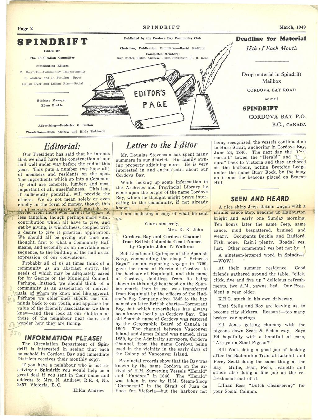 Page 2 SPNDRFT March,1949 SPNDRFT Edted B, The Publcaton <':omnlttee Contrbutng Edtors C. Ho\vOJ'Lh-Cummullt.y mp'q\"cl1l('nls N. Alldrew and D.