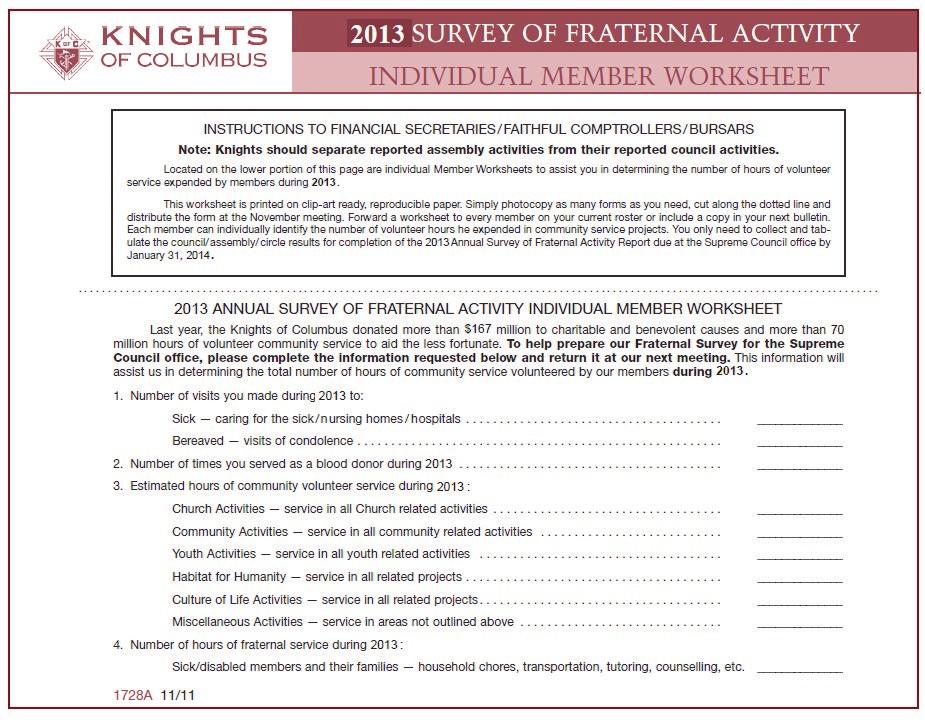 It s time again for the Knights Annual Survey. This is information is very important to State and Supreme and they ask that each Knight fill out and turn in this form.