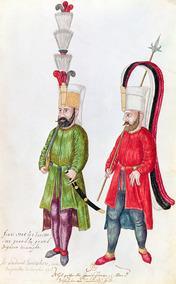 The Bridgeman Art Library/Getty Images The two men in elaborate dress in this 1513 illustration were Ottoman janissaries.