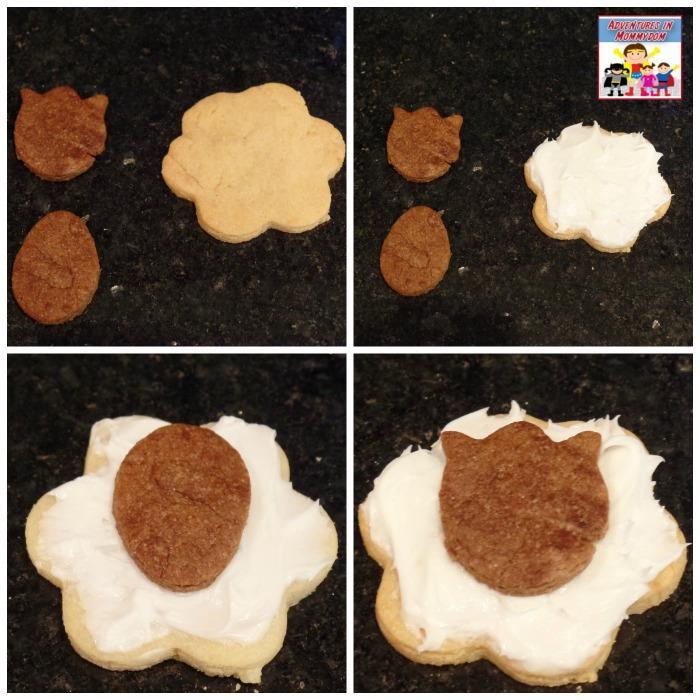To make the sheep cookies you can buy a sheep cookie cutter, but I had a flower shape and an egg shape on hand, so here is another method you can try.