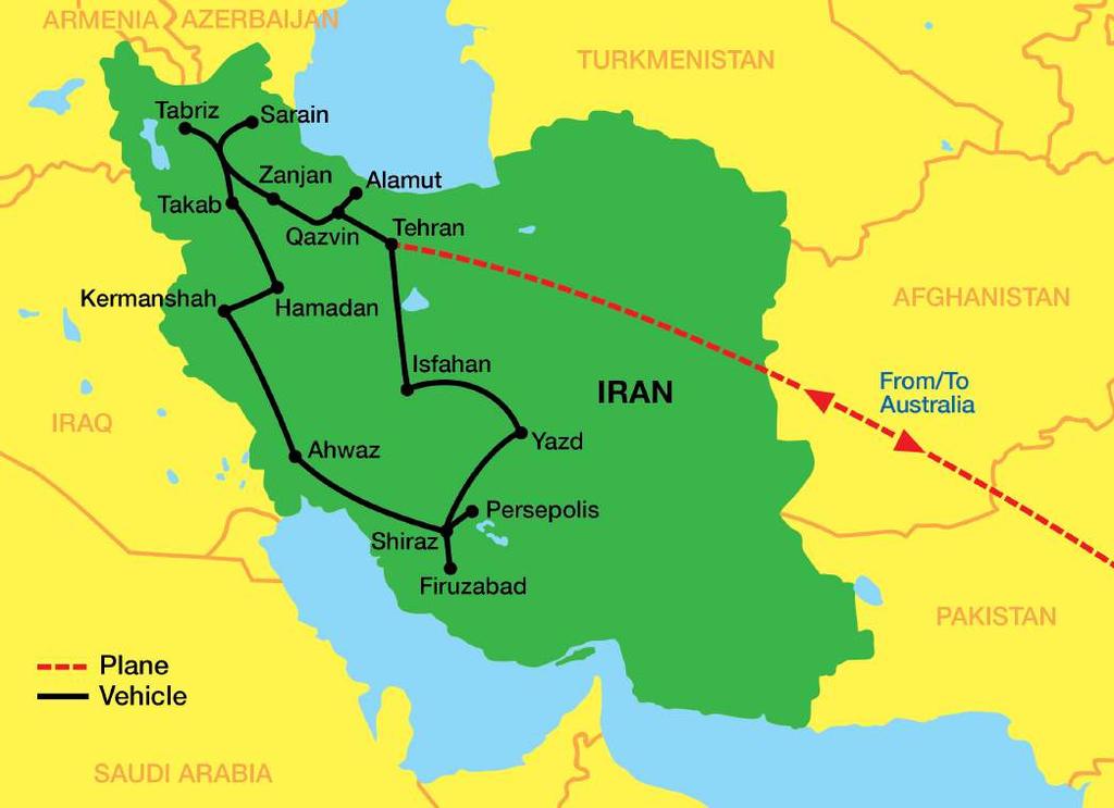 IRAN ITINERARY Day 1, Tuesday 1st October TRANSIT Depart Australia for Tehran. All flight schedules to be confirmed depending on your city of departure. Meals in flight.