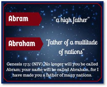 5 No longer shall your name be Abram, but your name shall be Abraham The changing of Abram s name signaled the changing of his relationship with God.