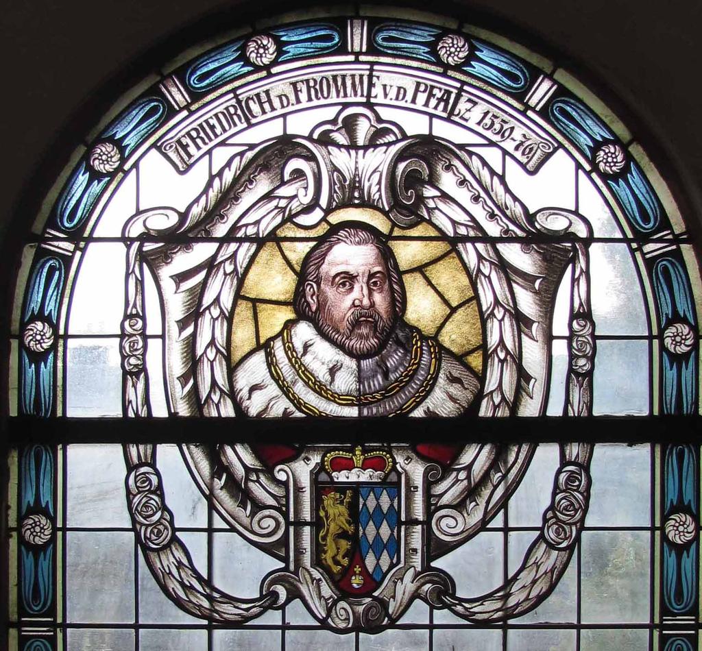 Palatinate Elector Frederick III. Pictured in a stained glass window created in 1907, in the Reformed Church, Appenheim, Germany. Photo by the author.