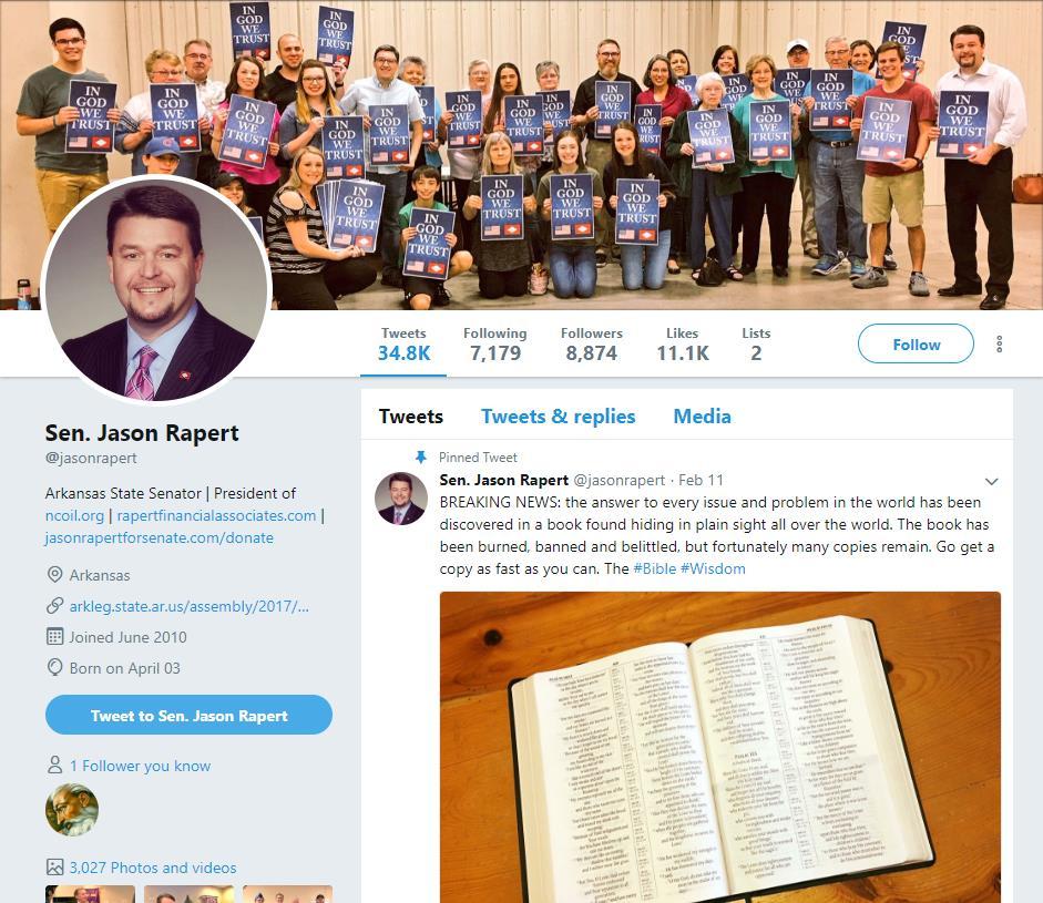 intrinsic to his role as a state legislator: Fig. 13 61. Defendant Rapert established the @jasonrapert account in June 2010, approximately seven months before he took office.