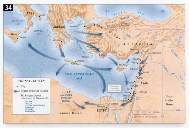 battle fought in the Delta area of the Nile. The Pharaoh defeated them and then allowed the Sea Peoples to settle in southern Palestine which is where we will find the Philistines in later years.