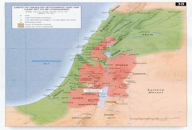 highlands and the Transjordan. The Central coastal plain, Jezreel Valley, and northern Jordan Valley remained outside of Israelite control.