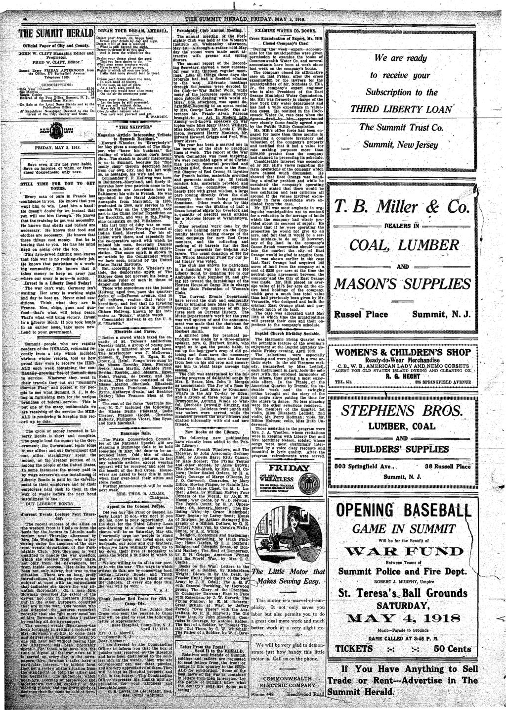 -4 HE SyMMl HERALD, FRIDAY, MAY 3, 58. BE SUMMI HERALD Official Paper of Oiy and.couny. JOHN W. CLIF Managing Edior and Proprieor. FRED W. CLIF, Edior.