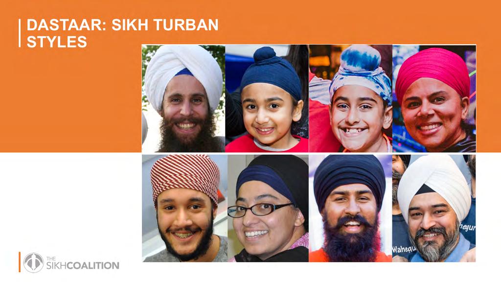 These are some of the different types of Sikh turbans that you might see. Sometimes you see the more round style, like the man in the red and white striped turban.