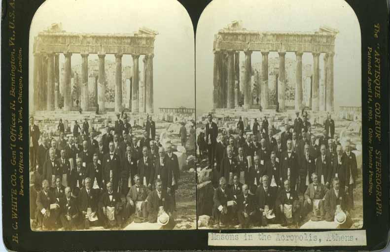 They are viewed through a stereoscope in order to produce a three-dimensional image. One highlight from our collection depicts Freemasons at the Acropolis in Athens.