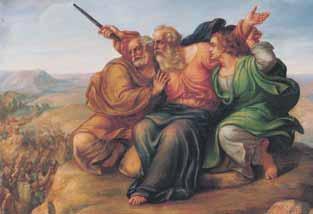 MOSES WITH AARON AND HUR, ARTIST UNKNOWN Israel prevailed in battle against the Amalekites only as long as Moses held the rod of God aloft. To assist Moses, Aaron and Hur held up his arms.