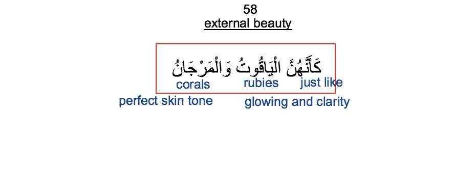 Ayah 58 Here the description of the external beauty is mentioned. The beauty in Duniya is a test to not be proud. In the Duniya we need to beautify ourselves.