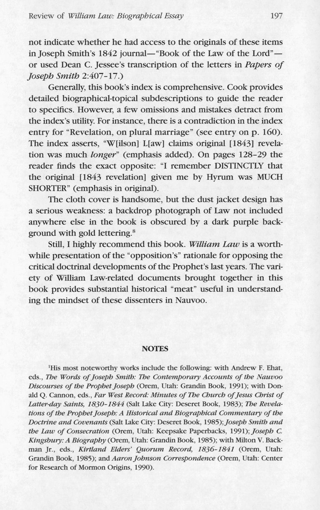 Faulring: <em>william Law: Biographical Essay, Nauvoo Diary, Correspondence review of william law biographical essay 197 chehad he had access to the originals of these items not indicate whether