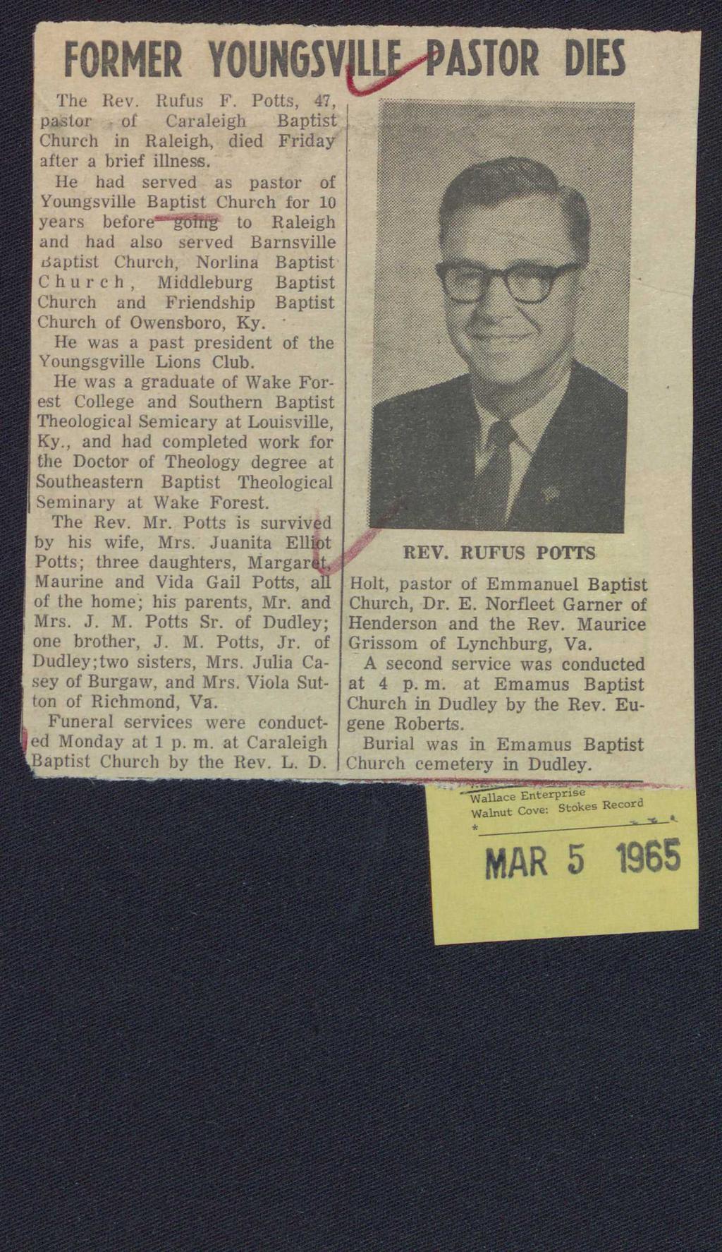FORMER YOUNGSV~ASTOR DIES The Rev. Rufus F. Potts, 47, c.