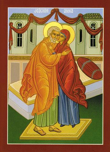 This is an iconographic image of Joachim and Anna, the parents of the Most Holy Theotokos, the Virgin Mary,