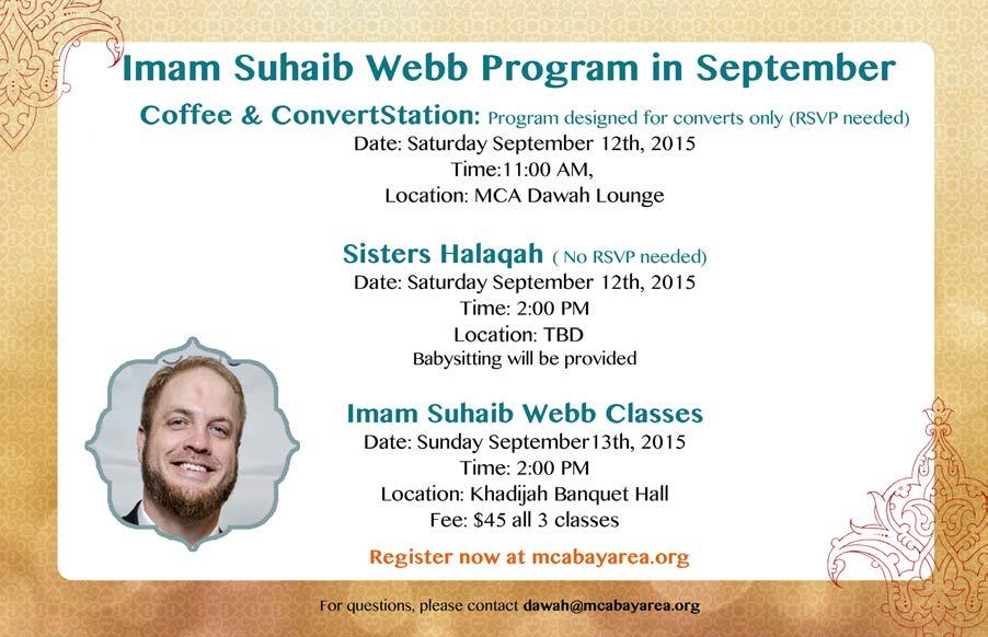 [Sahih Bukhari] Imam Suhaib Webb will be doing 10 minute religious consultations Friday s from 2:30-4:00 pm on the second Friday of each month starting September 11th.