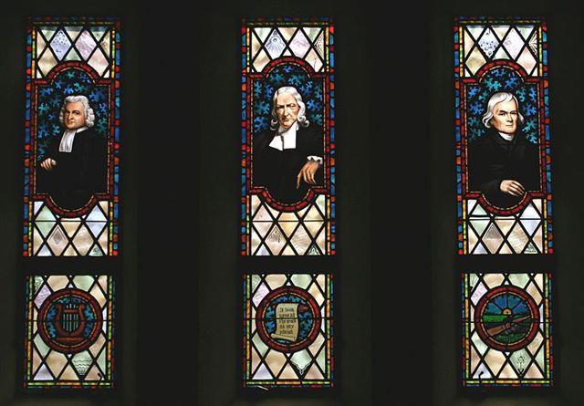 Memorial Stained glass window to Charles Wesley, John Wesley, and Francis Asbury