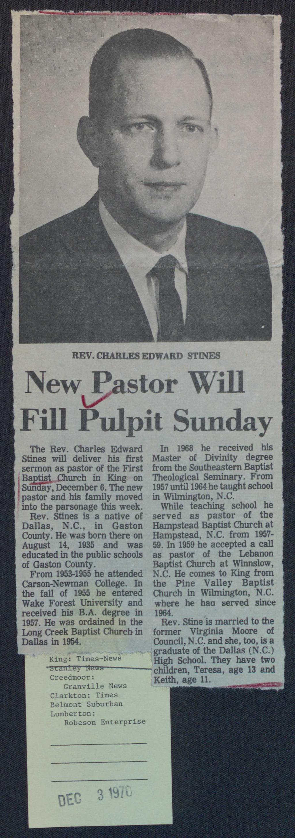 REV. CHARLES EDWARD STINES New J;!astor Will Fill Pulpit Sunday The Rev.