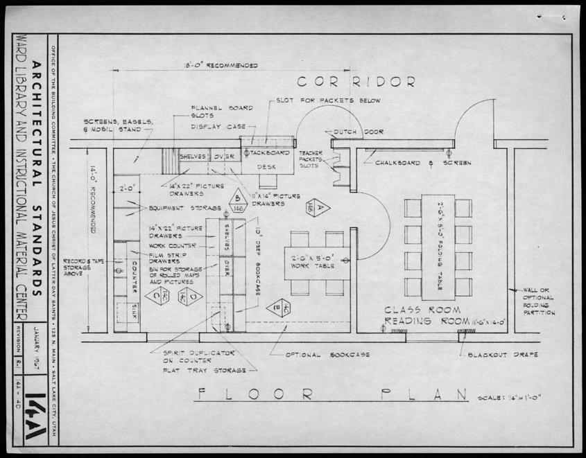 Figure 2. Blueprint for the Ward Library and Instructional Material Center, January 1967, Church History Library, copy in Perry Special Collections, BYU. Intellectual Reserve Inc.