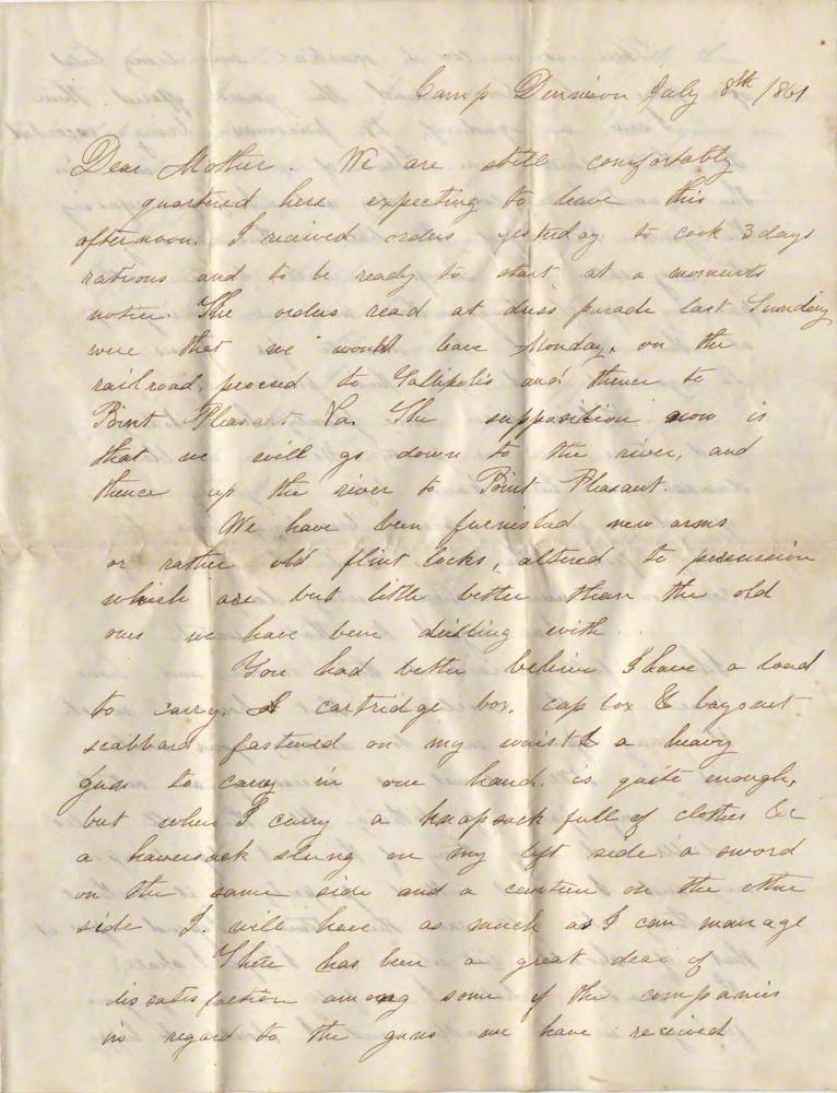 -Page 1- Camp Dennison July 8, 1861 Dear Mother, We are still comfortably quartered here expecting to leave this afternoon.