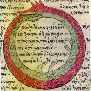 Ouroboros PHYSICAL QUALITIES: a snake/dragon looping back into a circle to eat its own tail; another similar image is the yin-yang of Taoism where the yin element exists within the yang and vice