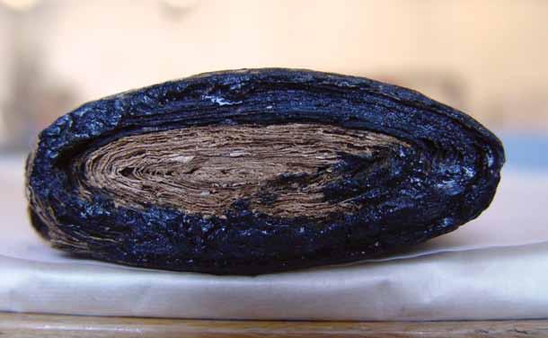 Unopened roll of papyrus stained with bitumen. The Trustees of the British Museum.